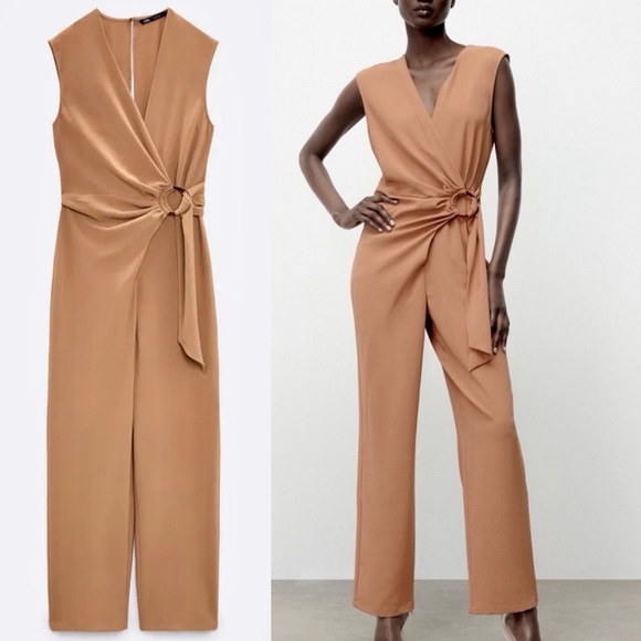 Zara NWT beige tan wrap O ring tie open back cutout jumpsuit - Picture 1 of 8